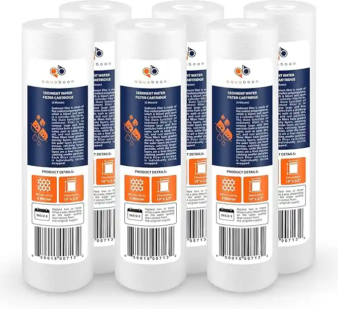 5 micron sediment pre-filter removing sand, rust, dirt, and large particles from water