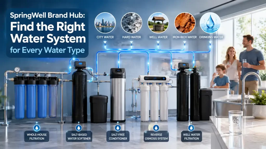SpringWell water filtration systems displayed with whole-house filters, reverse osmosis units, and water softeners showing solutions for well water, hard water, iron contamination, sulfur odor, and sediment issues.