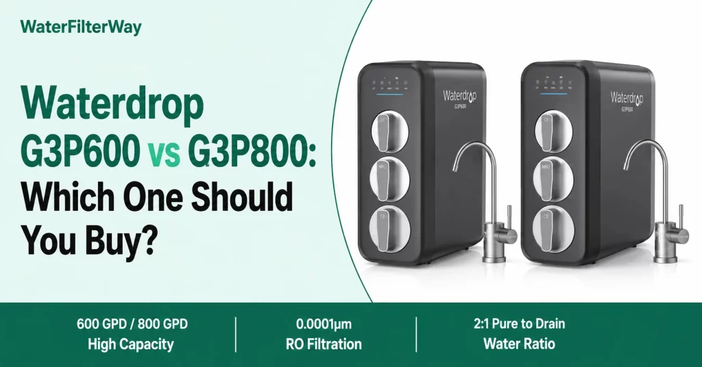 Waterdrop G3P600 vs G3P800 RO system comparison infographic.