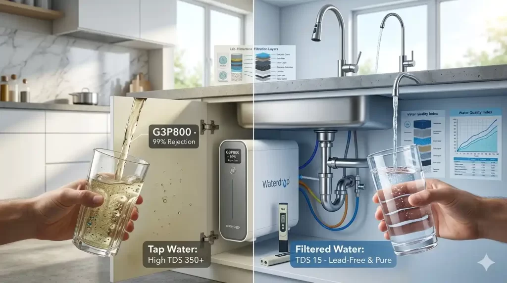 Ultra-realistic modern kitchen split-screen showing Waterdrop G3P600 tankless RO system installed under a sink, comparing yellow contaminated tap water with crystal-clear filtered water in a glass."