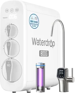 Sleek white Waterdrop G3P800 under-sink water filtration system featuring a 3-stage filtration process and real-time TDS monitoring on a smart faucet."