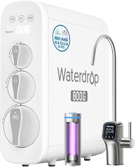 Waterdrop G3P800 tankless reverse osmosis water filtration system with UV sterilization and modern compact design.
