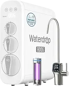 Waterdrop G3P800 tankless reverse osmosis water filtration system with UV sterilization and modern compact design.
