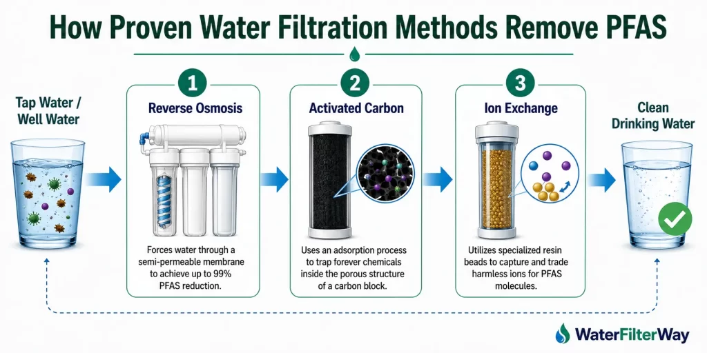 PFAS removal comparison chart showing reverse osmosis, ion exchange, activated carbon, and sediment filter performance.