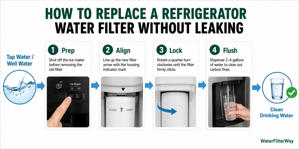 Step-by-step infographic showing how to replace a refrigerator water filter without leaks for clean, safe drinking water.