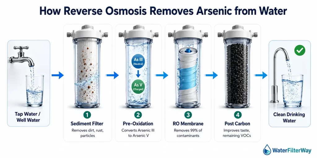 Reverse osmosis arsenic removal infographic showing sediment filter, oxidation, RO membrane, and carbon filter process.