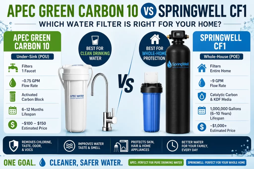 Comparison of APEC Green Carbon 10 and SpringWell CF1 water filter systems