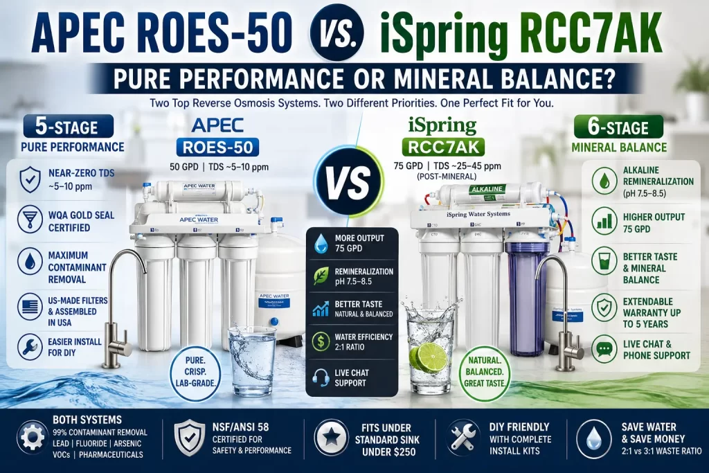 APEC ROES-50 vs iSpring RCC7AK reverse osmosis system comparison showing pure filtration, alkaline remineralization, TDS levels, and 5-stage vs 6-stage RO performance.