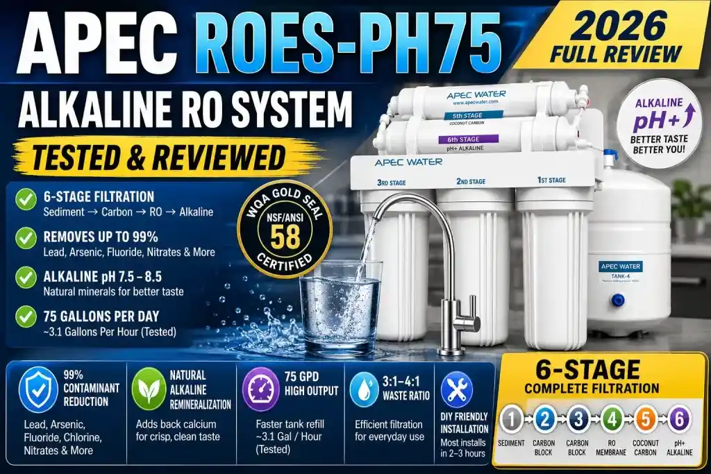 APEC ROES-PH75 alkaline reverse osmosis system installed under a kitchen sink showing multi-stage filtration and mineral enhancement technology