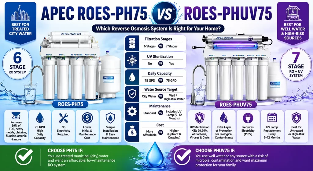 APEC ROES-PH75 vs ROES-PHUV75 reverse osmosis systems comparison with UV filtration differences