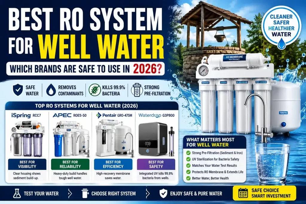 Featured image showing the best RO systems for well water in 2026 with UV sterilization, sediment pre-filtration, and safe drinking water technology.
