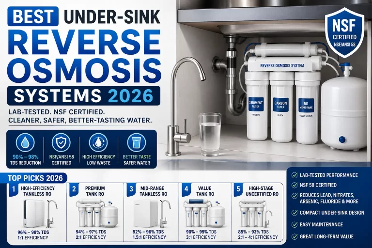 Best under-sink reverse osmosis systems 2026 comparison showing lab-tested NSF-certified RO systems with tank and tankless designs