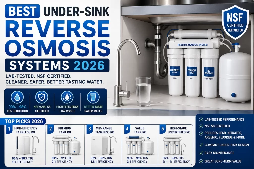 Best under-sink reverse osmosis systems 2026 comparison showing lab-tested NSF-certified RO systems with tank and tankless designs