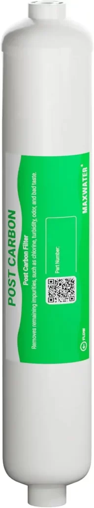 Post-carbon polishing filter improving drinking water taste and removing odors from RO system water