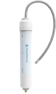 Clearly Filtered stainless steel inline water filter with universal 1/4-inch fitting.