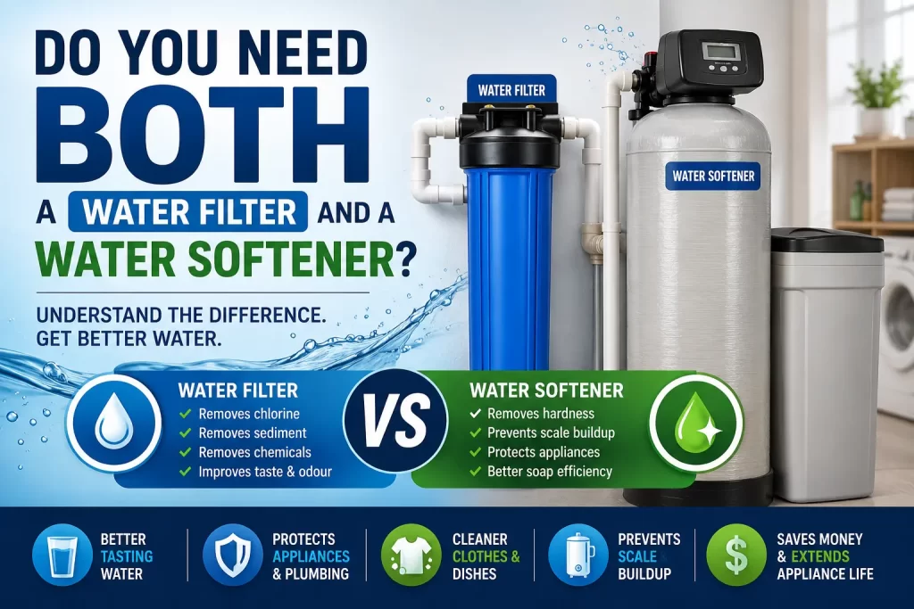 Do you need both a water filter and a water softener comparison showing how filters remove contaminants and softeners reduce hard water minerals