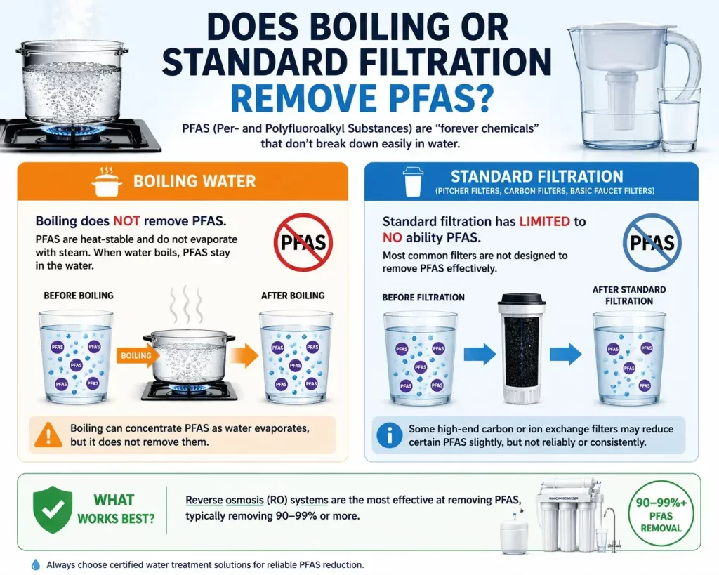 Infographic showing boiling water and standard filters are ineffective at removing PFAS contaminants