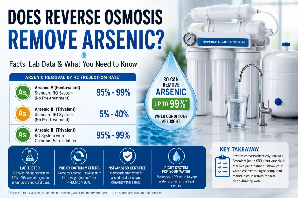 Reverse osmosis system infographic showing arsenic removal efficiency rates, Arsenic III vs Arsenic V filtration performance, and NSF-certified RO water treatment information.