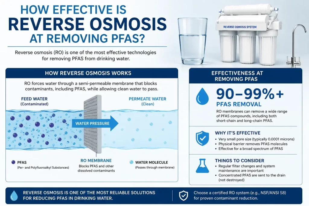 Reverse osmosis system removing PFAS contaminants from drinking water infographic