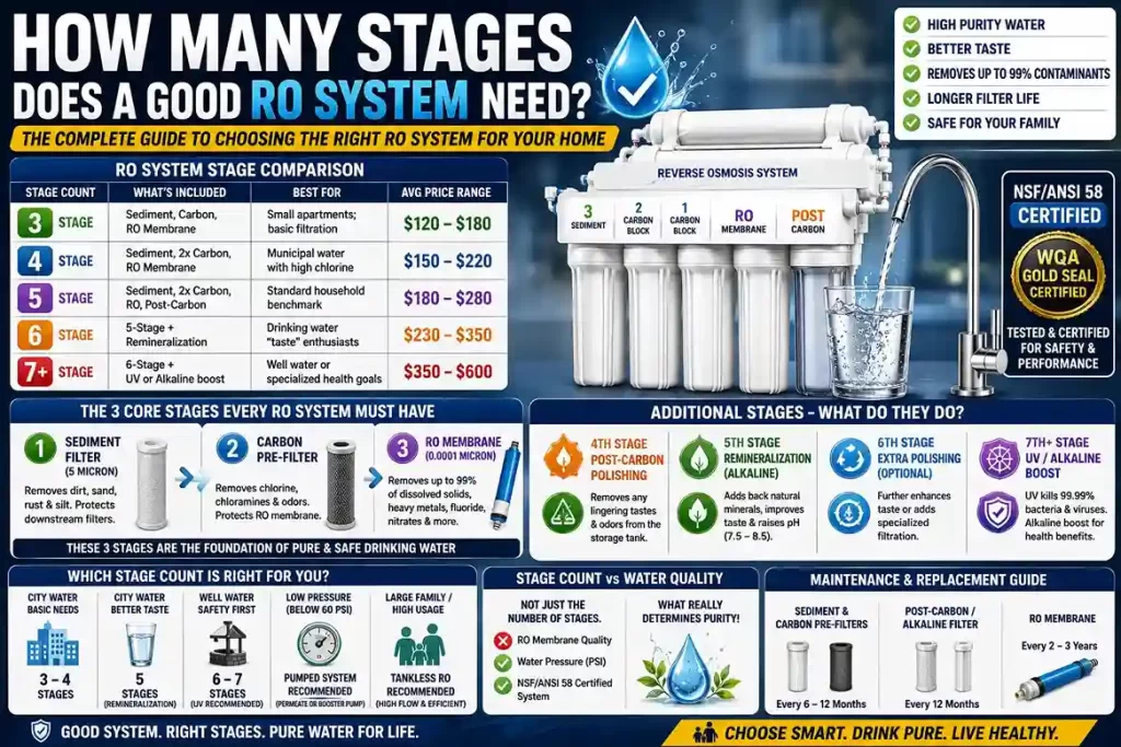 Diagram showing stages of a reverse osmosis RO water purification system with filters and membrane