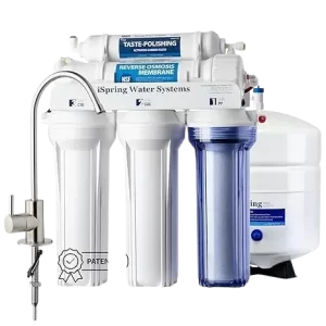 iSpring RCC7 reverse osmosis water filtration system with clear sediment filter housing and multi-stage purification.