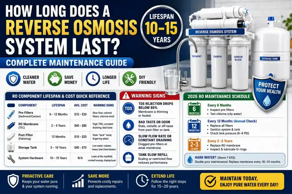 Infographic showing how long a reverse osmosis system lasts, including a 10-15 year lifespan, 2026 maintenance schedule, and component replacement costs.
