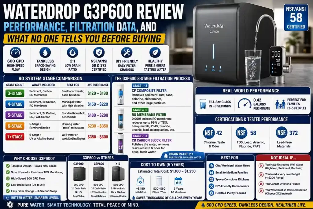 Infographic featured image of the Waterdrop G3P600 Tankless Reverse Osmosis System showing 600 GPD flow rate, 8-stage filtration, NSF certifications, drain ratio, and comparison with G3P800 and X12 models.