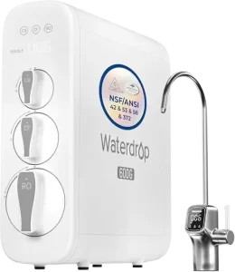 Waterdrop G3P600 tankless Reverse Osmosis system, compact under-sink water filtration unit with a smart faucet and digital display."