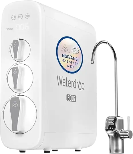 Waterdrop G3P600 tankless reverse osmosis water filter system installed under kitchen sink with smart LED faucet