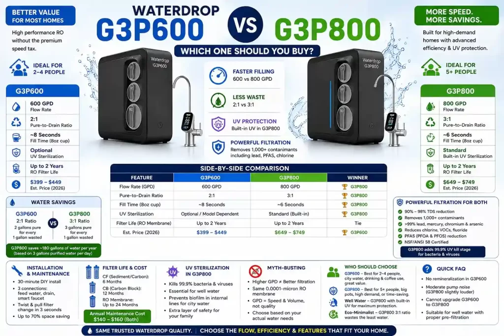 Waterdrop G3P600 vs G3P800 RO system comparison infographic.