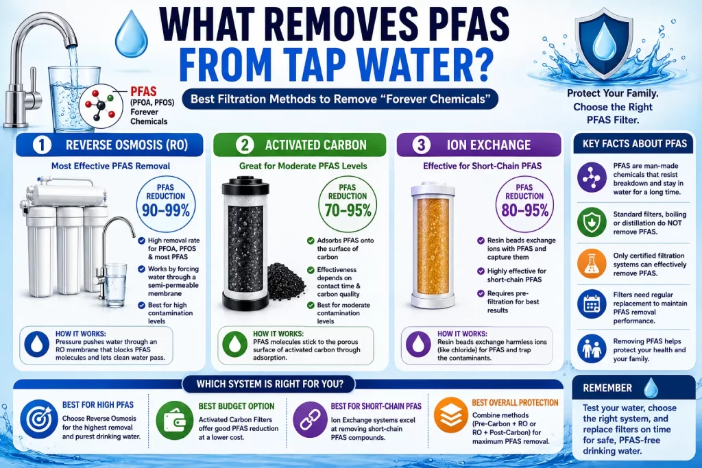Infographic showing reverse osmosis, activated carbon, and ion exchange systems for PFAS removal from tap water