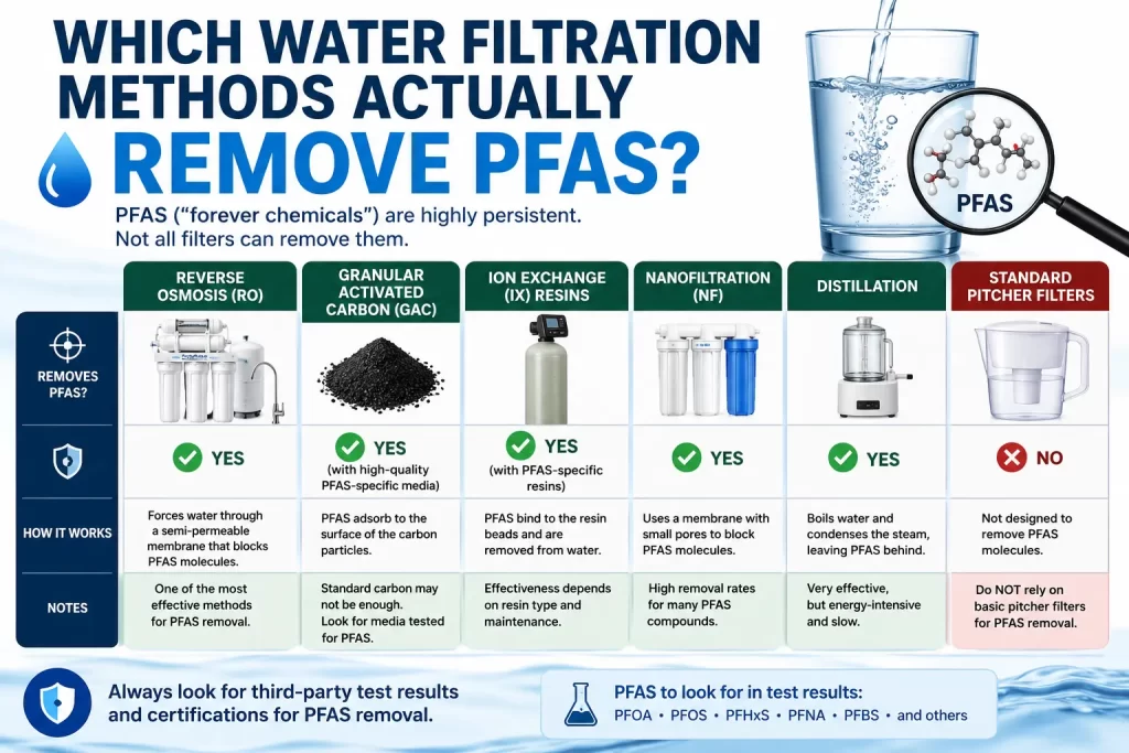 Infographic showing which water filtration methods actually remove PFAS, including reverse osmosis, activated carbon, ion exchange, nanofiltration, and distillation systems.