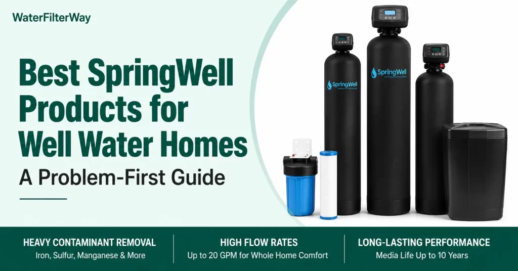 Feature image showing SpringWell well water filtration systems with multiple product sizes for solving common private well water issues.