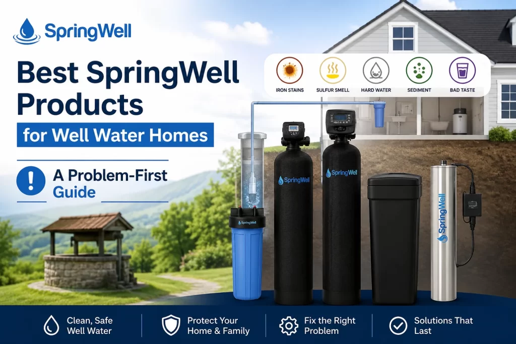 Best SpringWell products for well water homes featuring whole-house filtration systems designed to solve iron stains, sulfur smell, hard water, sediment, and bad-tasting well water.