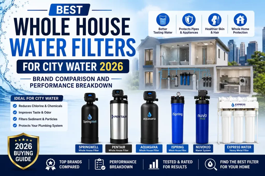 Comparison of the best whole house water filters for city water in 2026, featuring top brands, filtration systems, and performance ratings for municipal water treatment.