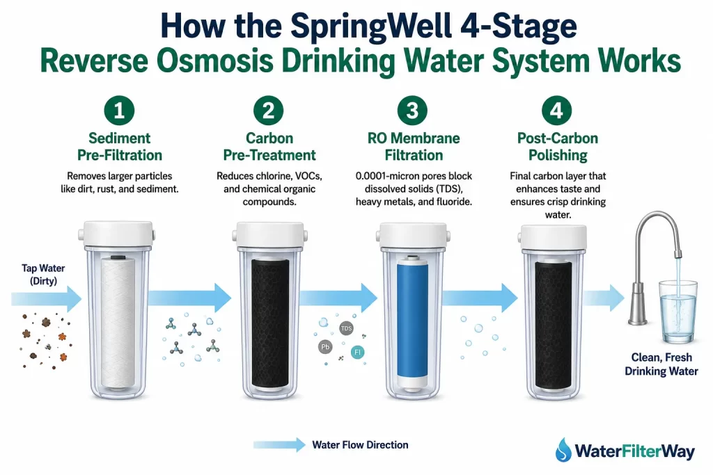 SpringWell 4-stage reverse osmosis diagram showing sediment, carbon, RO membrane, and post-carbon filtration process.