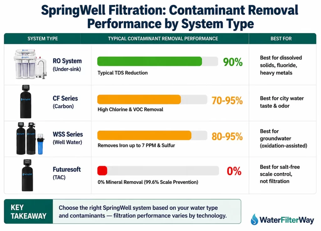 SpringWell filtration comparison chart showing RO, CF, WSS, and FutureSoft system contaminant removal performance.