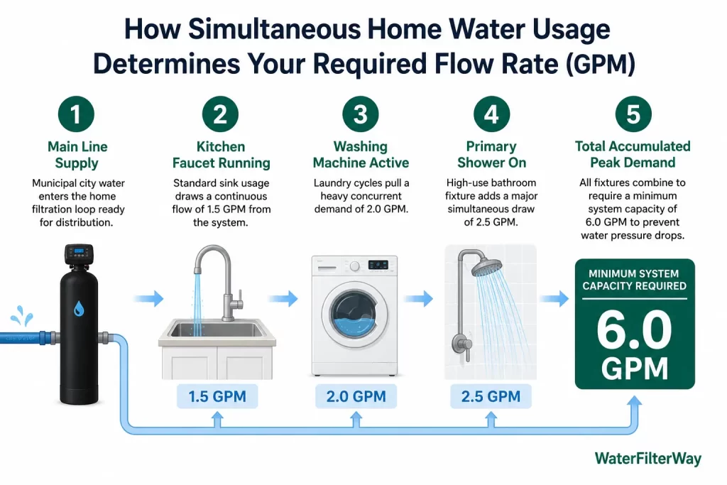 Diagram showing how simultaneous home water usage determines the required flow rate, totaling 6.0 GPM for peak household demand.