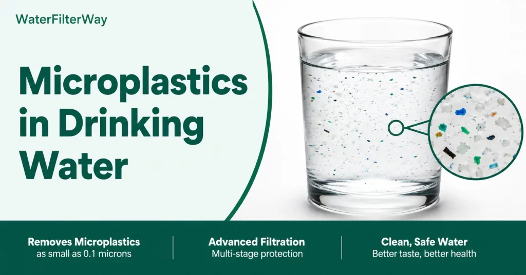 Illustration of microplastics in drinking water shown in a glass with a magnified close-up, highlighting water contamination and the need for effective filtration.