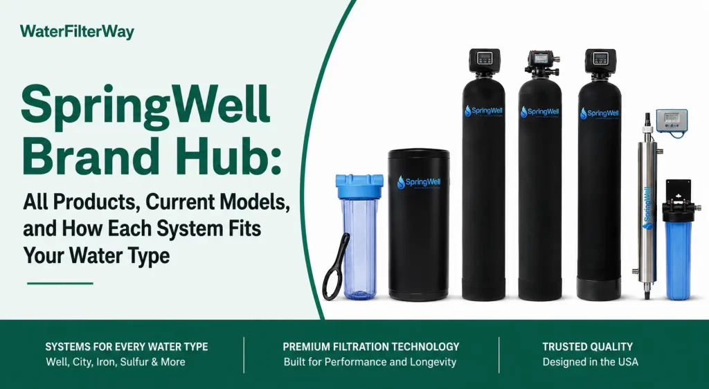 SpringWell Brand Hub showing current whole house water filtration systems for city water, well water, iron and sulfur.