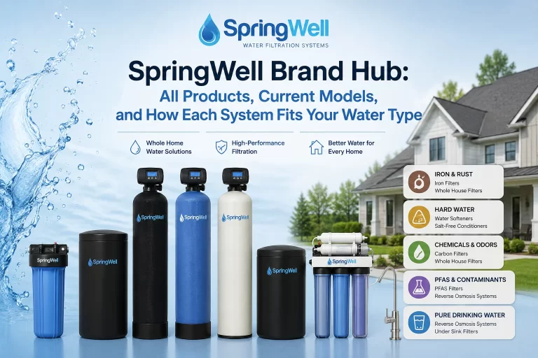 SpringWell water filtration systems lineup showing whole-house filters, water softeners, reverse osmosis units, and specialty filtration solutions for different water types.