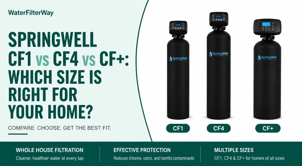 Comparison of SpringWell CF1, CF4, and CF+ whole house water filters showing different system sizes for various home water needs.