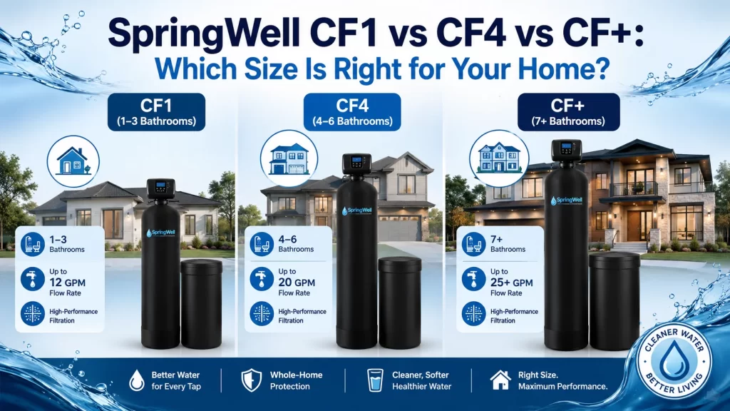 Comparison chart of SpringWell CF1, CF4, and CF+ whole-house water filtration systems showing increasing size, capacity, and bathroom coverage from 1–3 bathrooms to 7+ bathrooms.