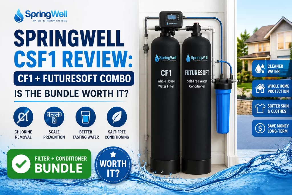 SpringWell CSF1 whole-house water filtration and FutureSoft salt-free conditioner combo system installed for city water treatment.