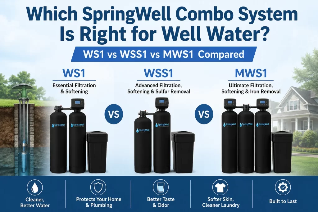 Comparison image of SpringWell well water treatment systems WS1, WSS1, and MWS1, showing filtration tanks, water softening components, and key benefits for well water homes.