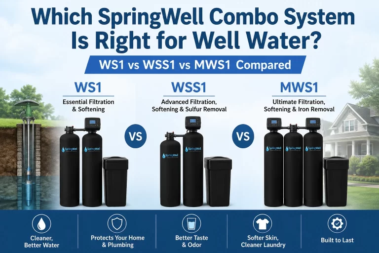 Comparison image of SpringWell well water treatment systems WS1, WSS1, and MWS1, showing filtration tanks, water softening components, and key benefits for well water homes.