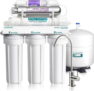 APEC ROES-PHUV75 7-stage alkaline reverse osmosis system with UV sterilization and 75 GPD water production.