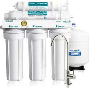 APEC Water ROES-50 5-stage under sink reverse osmosis water filter system with NSF 58 and NSF 372 certification, producing 50 gallons of purified drinking water per day.