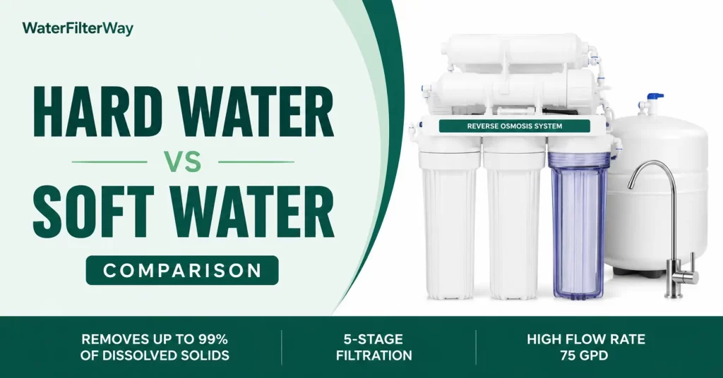 Hard water vs soft water comparison showing differences in water quality and filtration solutions