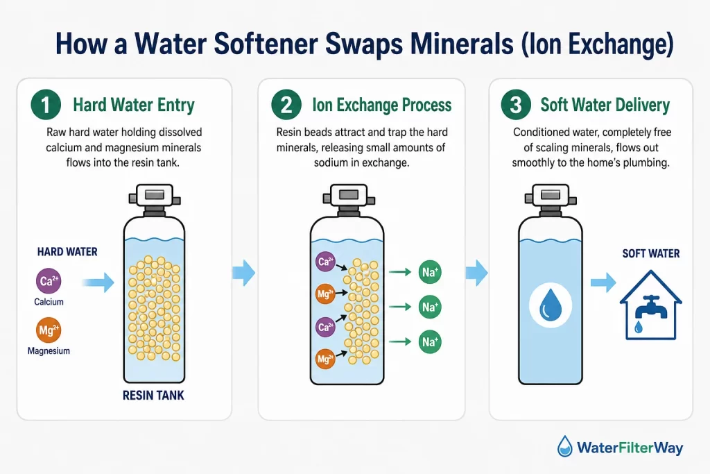 Educational diagram showing how a water softener swaps calcium and magnesium minerals through ion exchange, using resin beads to produce soft water in a three-step process.